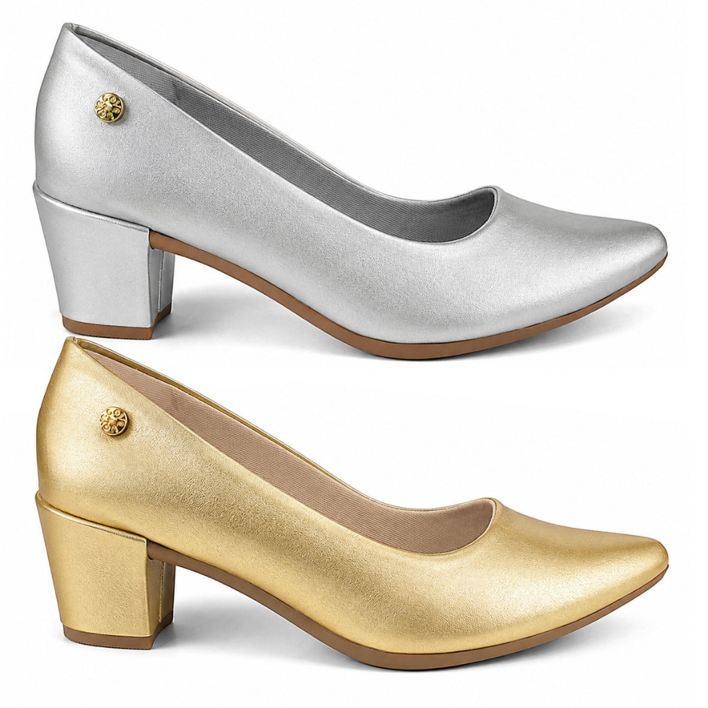 Sapato Scarpin Feminino Salto Alto Bloco Confortável Metalizado Brilho Prata Dourado SA1.03