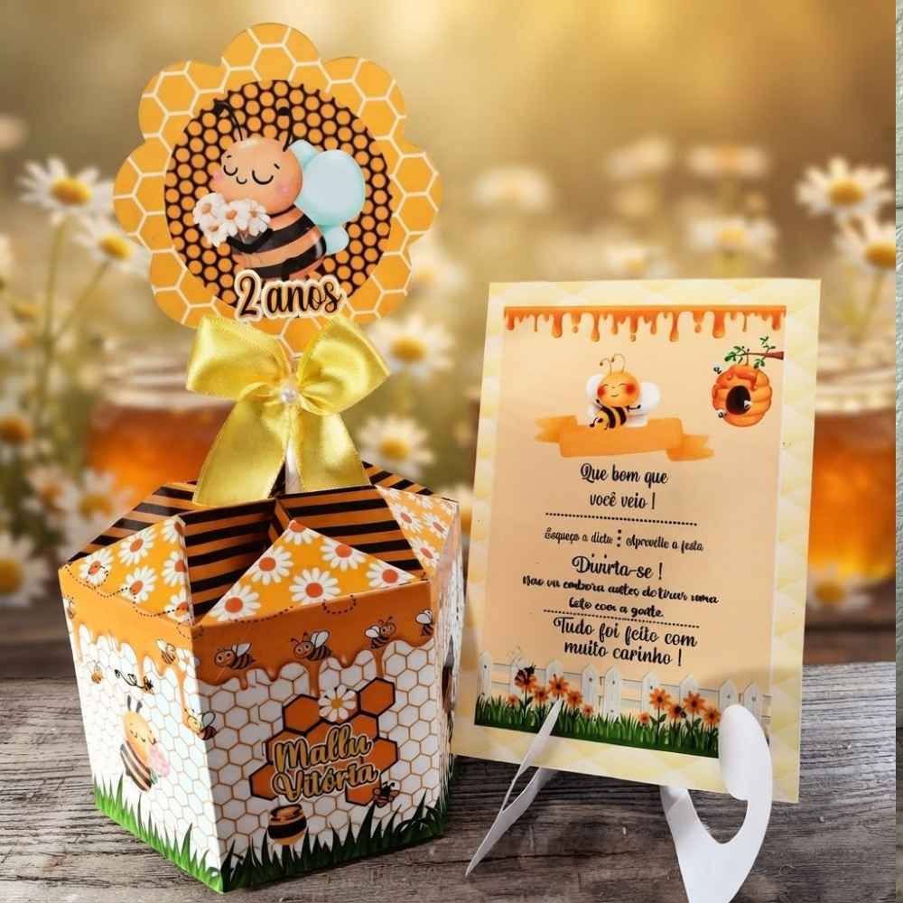 Centro de Mesa Abelhinha + Plaquinha Cachepô Personalizado Festa Aniversário Infantil Lembrancinha Arranjo Enfeite