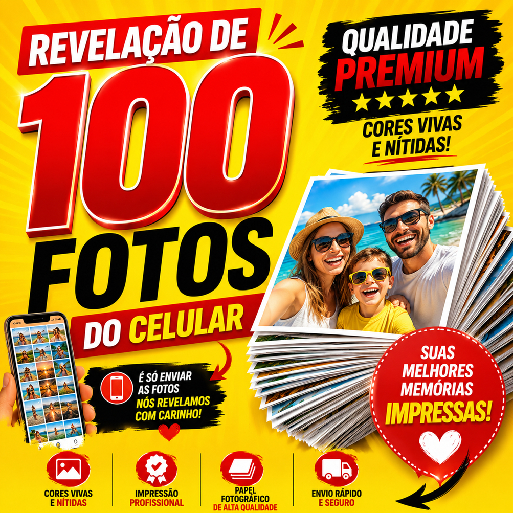 Kit 100 Fotos 10x15 Revelação em Papel Fotográfico Brilhante Premium