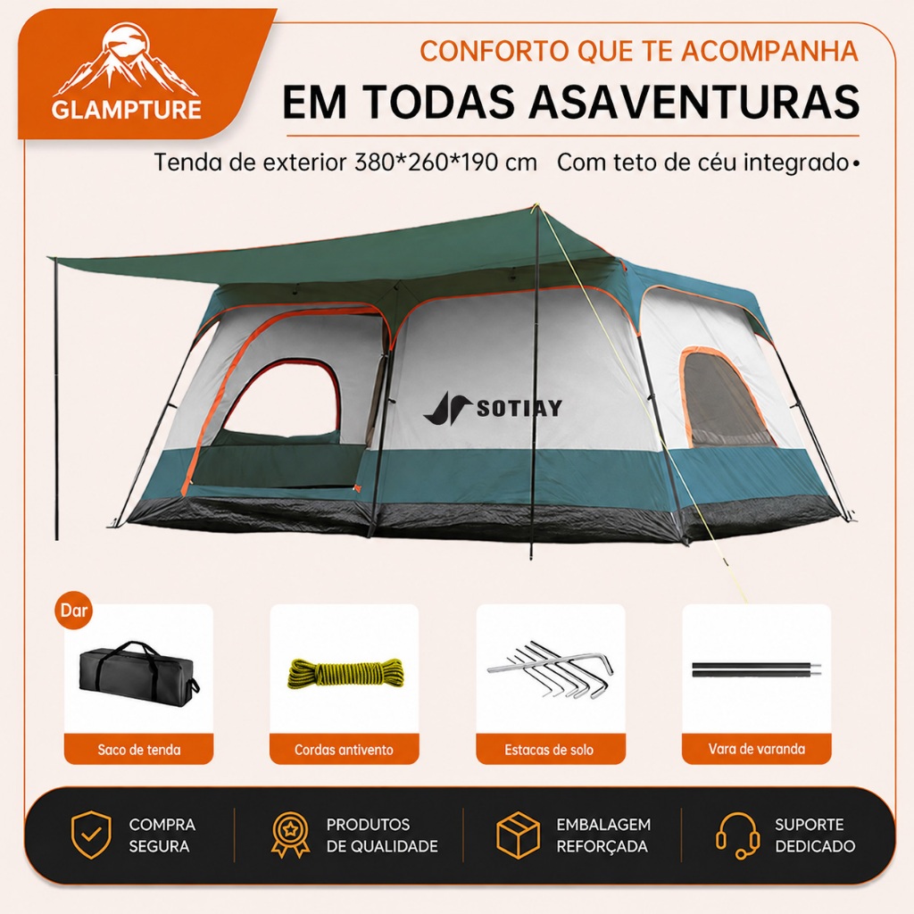 Barraca De Acampamento Familiar 8-10 Pessoas Tenda Camping Impermeavel Grande Portátil 380x260cm