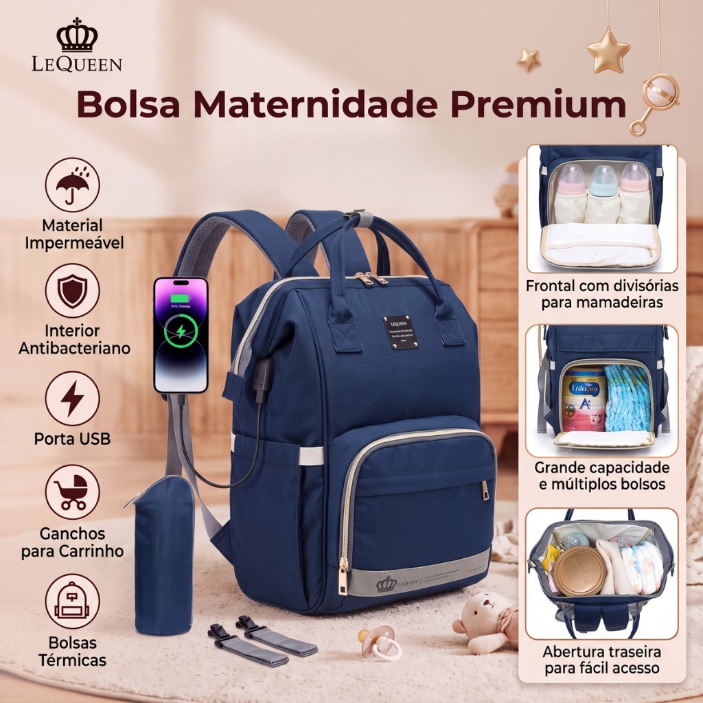 Mochila Bolsa Maternidade Bebê Lequeen Menina Menino Com Porta Mamadeira Térmico