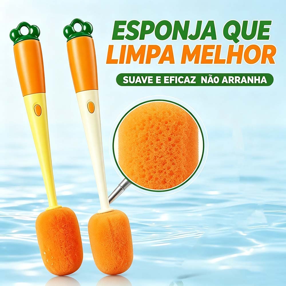 Escova Cenoura 3 em 1 com Cabo Longo para Limpeza Profunda de Copos e Garrafas