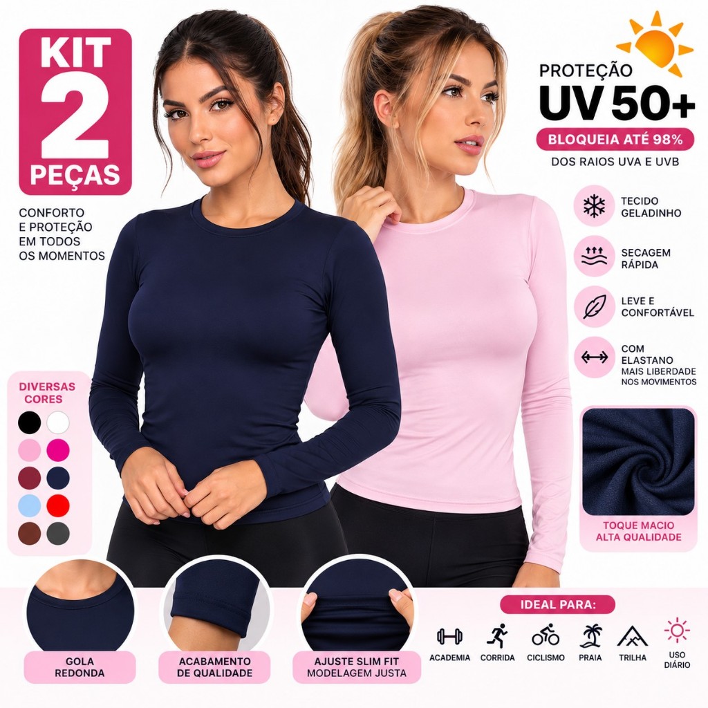 Kit 2 Camisetas Térmicas Blusa Básica Feminina UV 50+ Manga Longa Proteção Solar Academia Treino