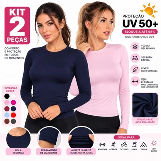 Kit 2 Camisetas Térmicas Blusa Básica Feminina UV 50+ Manga Longa Proteção Solar Academia Treino