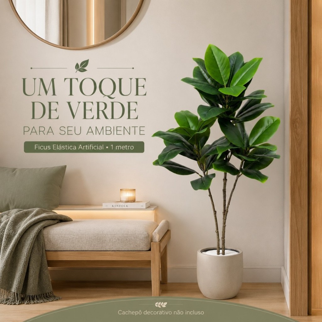 Ficus Elástica Artificial 1m com 34 Folhas 2 Galhos e Vaso Sustentação Planta Decorativa Realista para Sala
