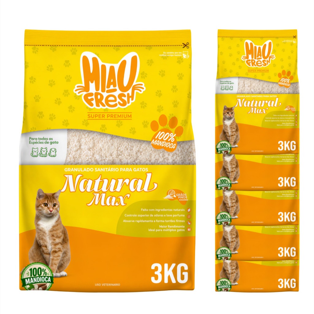 Areia Higiênica Biodegradável 3Kg Mandioca P/ Gatos Controle De Odores Torrãos