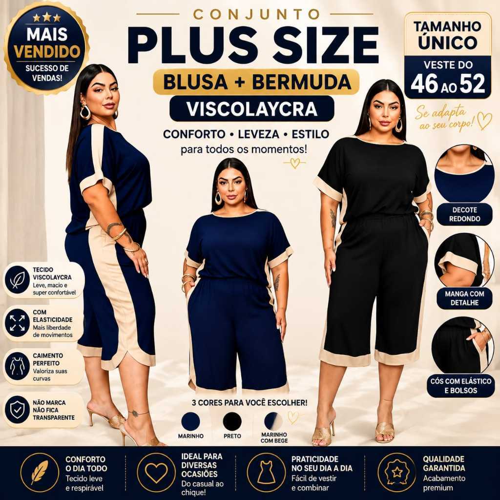 Conjunto Pantacourt Plus Size 46 ao 52 Feminino Elegante Confortável Exclusivo