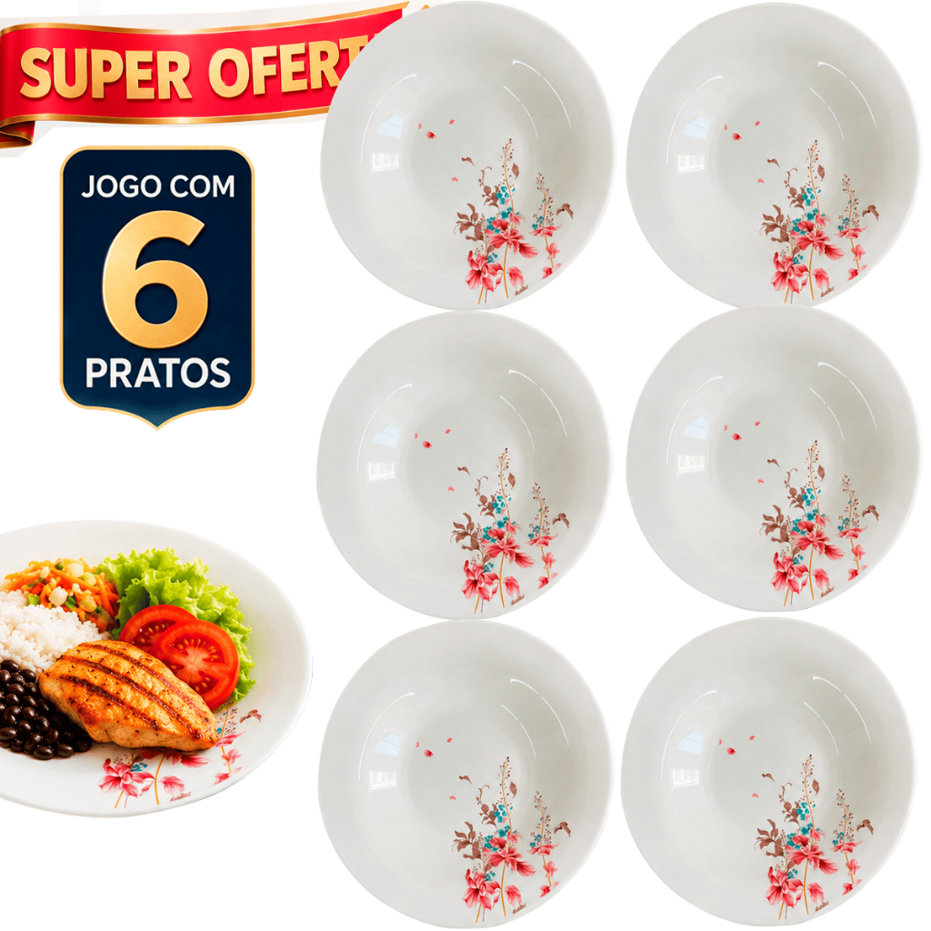 Kit Prato Fundo 06 Peças Decorado Redondo Vidro Branco 21,5 cm com Estampa Floral Opaline Temperado