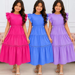 Vestido Infantil Juvenil Manga Babado Saia Três Maria com Renda Elástico na Cintura