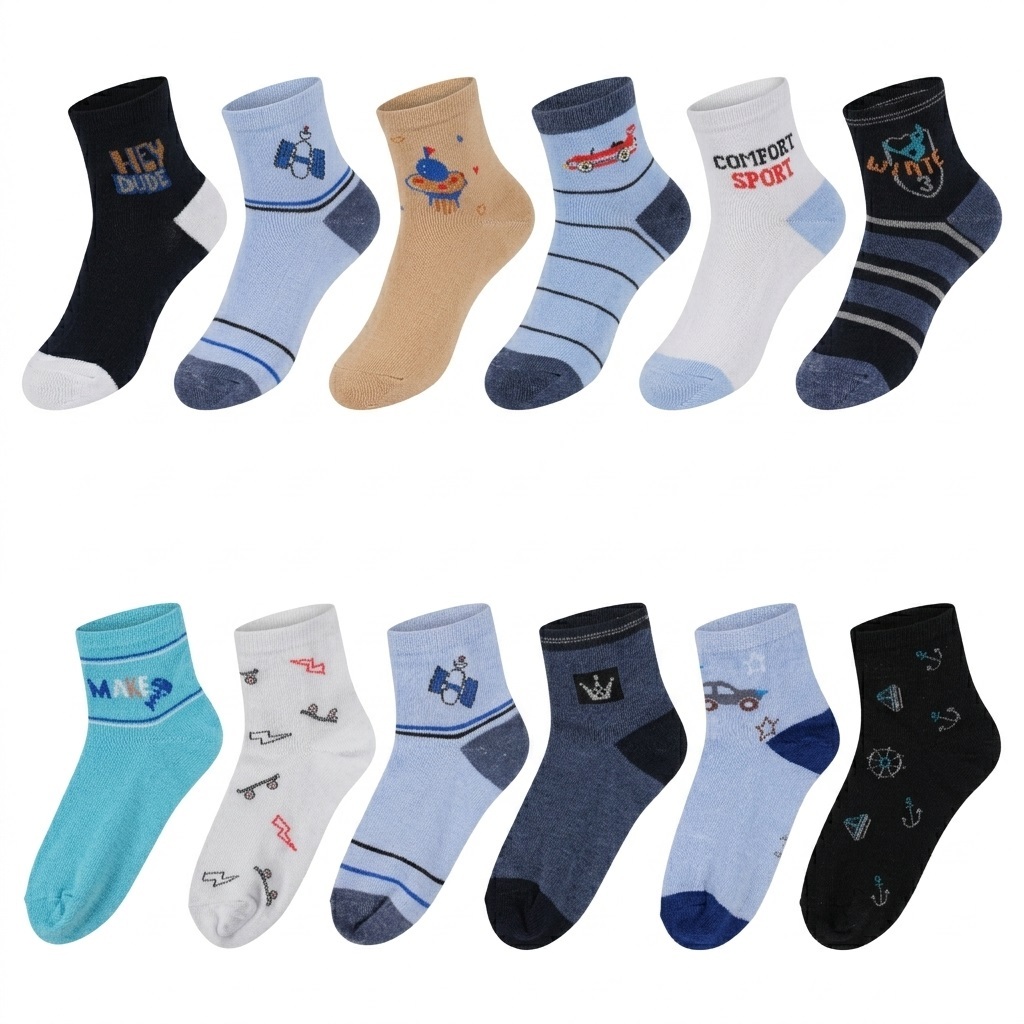 Kit 6/12/24 Pares de Meias Infantis Masculinas para Menino Cano Médio Estampadas Cores Sortidas 2 a 10 Anos