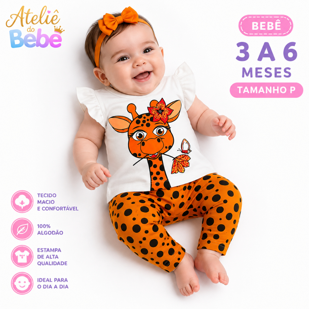 Conjunto Menina Baby Bebê Camiseta Bermuda 100% Algodão De 3 a 6 Meses Estilo e Conforto  Girafinha