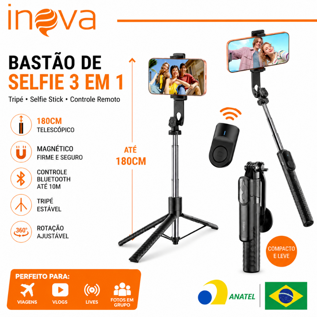 INOVA Tripé Bastão de Selfie Bluetooth com Luz LED Controle Remoto Rotação 360° para Smartphone