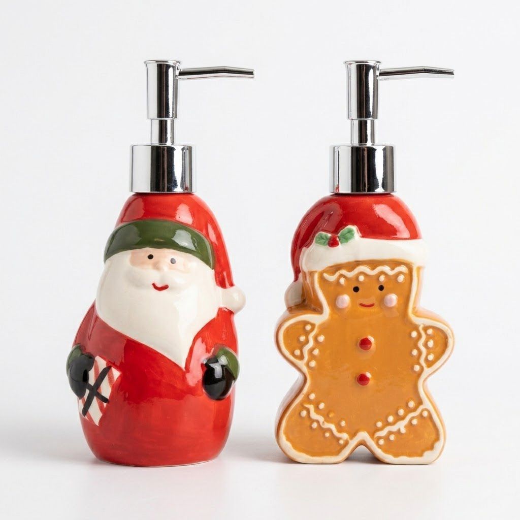 Dupla Natalina Porta Sabonete Líquido Papai Noel 19cm + Biscoito Ginger 20cm Banheiro Lavabo Natal