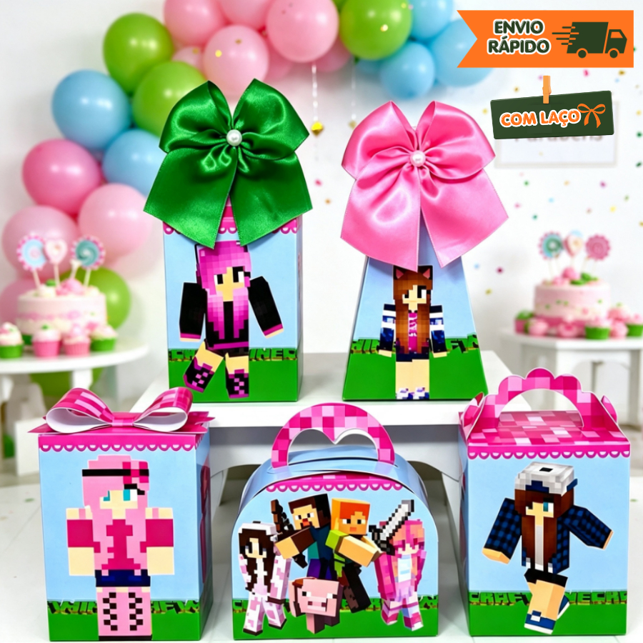 Caixinhas personalizados lembrancinhas aniversário Kit festa  Minecraft rosa menina
