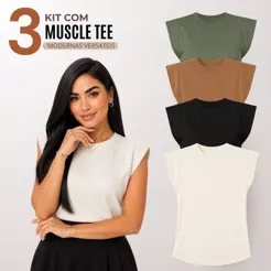 Kit 3 Blusas Femininas Muscle Tee Gola Redonda Roupas Feminina 100% Algodão - F00