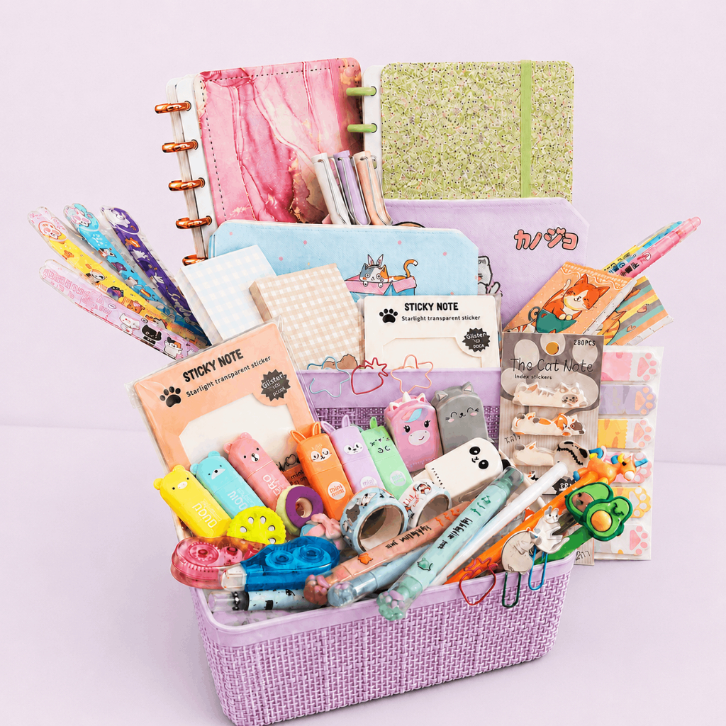 Kit Papelaria Fofa Kawaii 18 Itens Completo Caderno Caneta Estojo Presente Criativo Escolar
