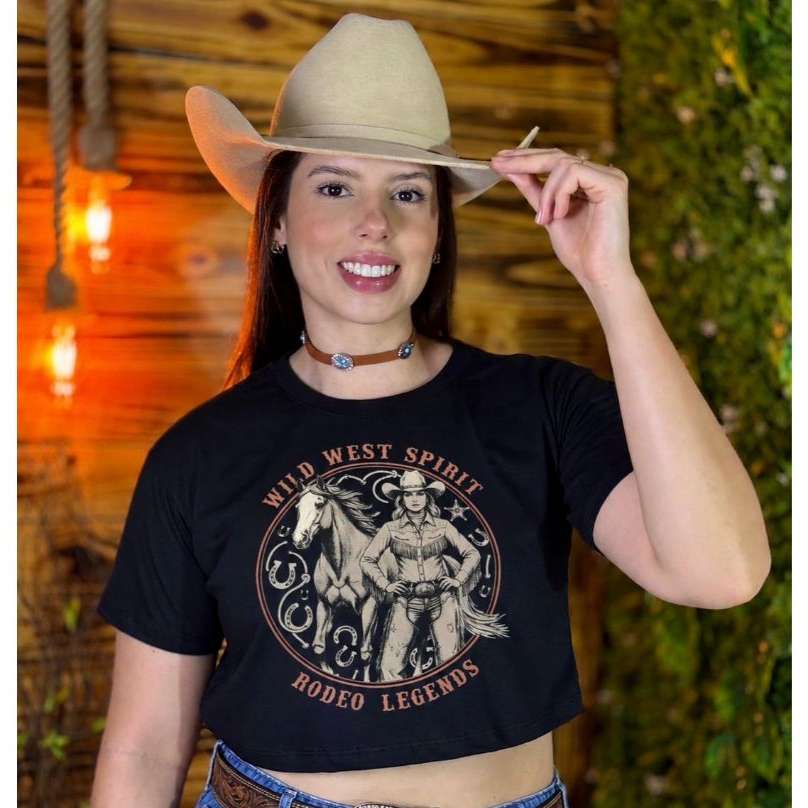 Cropped Camiseta Blusinha Blusa Feminina  Estilosa Country Estampada Malhaalgodão Brilho Rodeio Festa Barretos Boiadeira