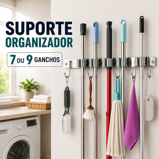 Suporte Porta Vassoura Inox Rodo Mop Parede Organizador Com Ganchos 38cm 50cm Utensílios de Limpeza
