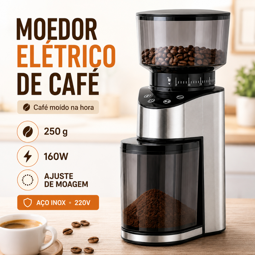 Moedor Elétrico de Café 160W 220V com Ajuste de Moagem Reservatório 250g em Aço Inox