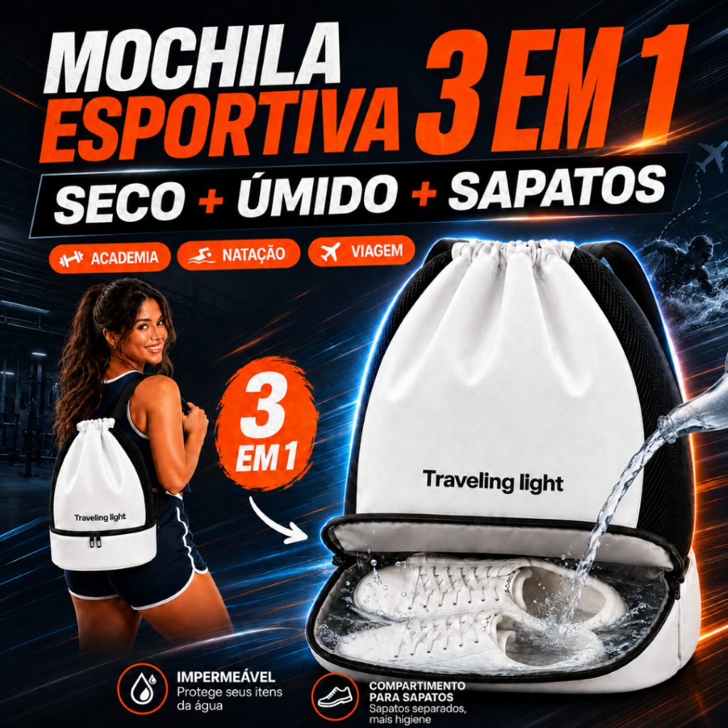 Mochila Academia Esportiva Unissex 40L Impermeável Bolsa Natação com Compartimento para Sapatos Seco e Úmido Viagem