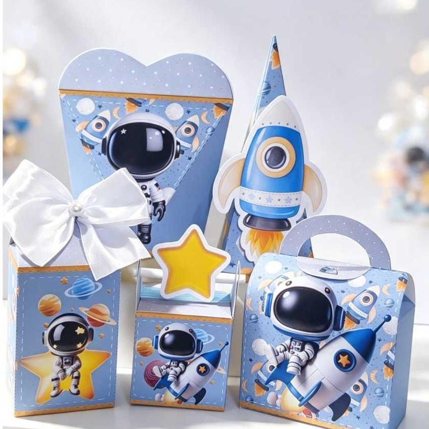KIT CAIXINHAS PERSONALIZADAS PARA LEMBRANCINHA DE FESTA DE ANIVERSÁRIO ASTRONAUTA MENINO