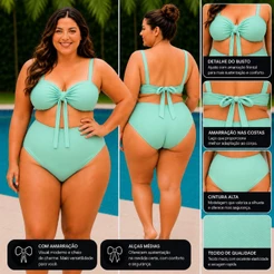 Biquíni Plus Size 2em1 Bojo e Laço Removível Cintura Alta- Tecido Suplex Moda Praia Lançamento 2027