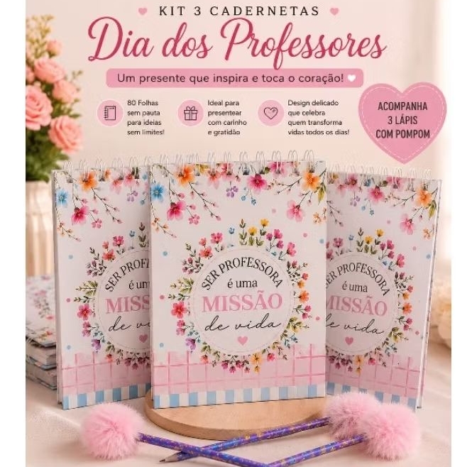 Kit 3 Cadernetas Dia dos Professores Personalizadas | Capa Dura + Lápis com Pompom Cadernetas Dia dos Professores