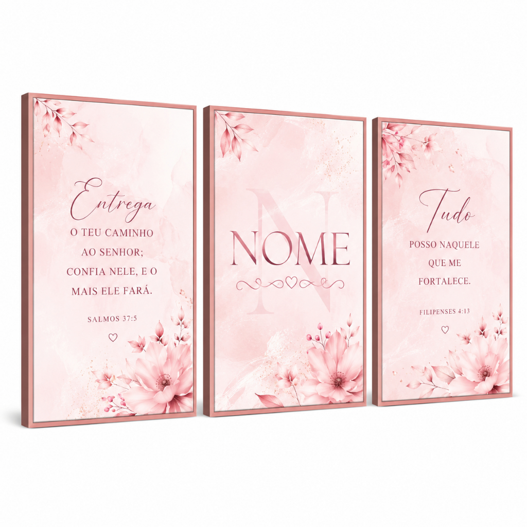 Kit 3 Quadros Decorativos Religioso Frases Bíblicas Rosa Nome Personalizado Sala Quarto