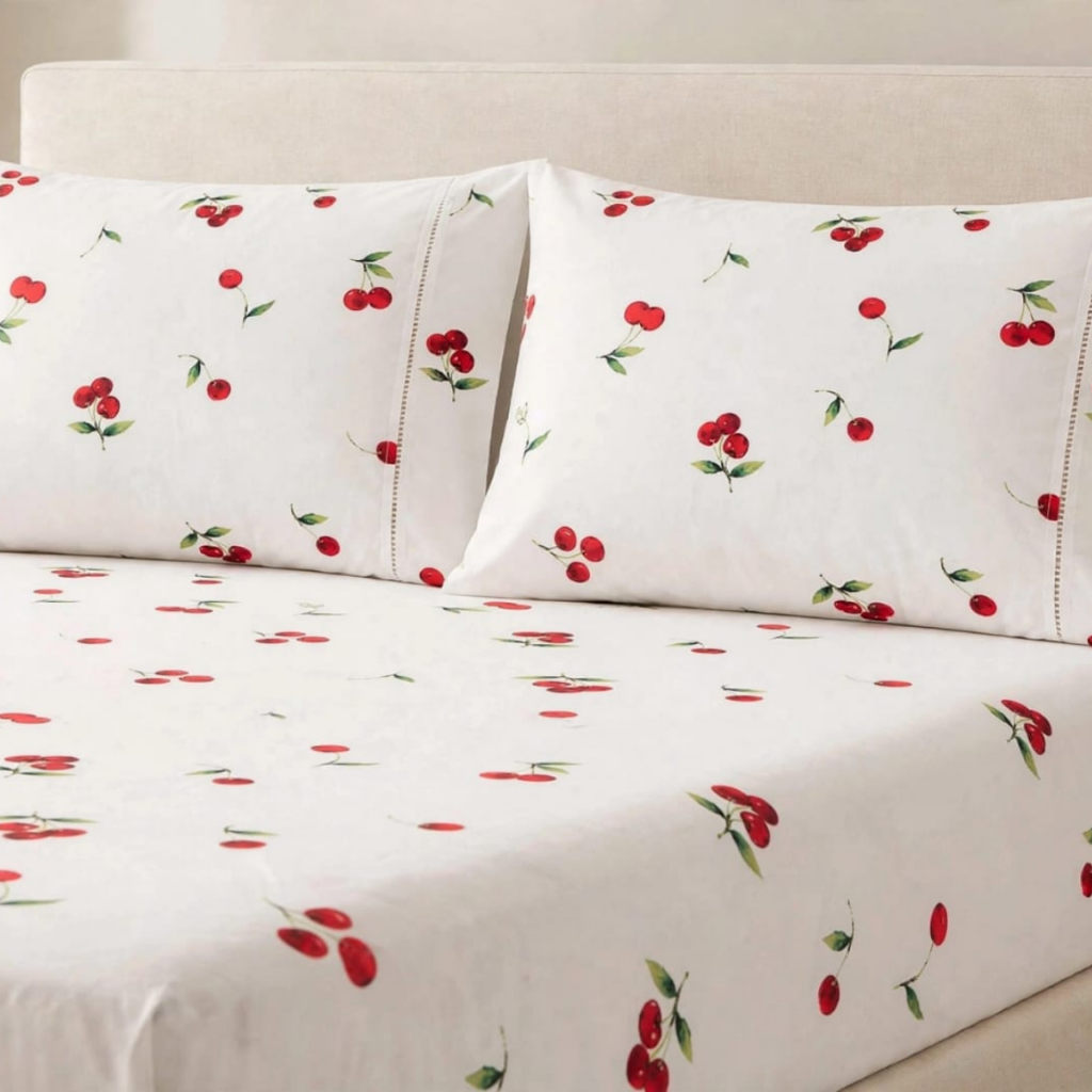 JOGO DE LENÇOL SOLTEIRO CASAL QUEEN KING SIZE FRONHAS ESTAMPADO CEREJA PERCAL 180 FIOS COM PONTO PALITO