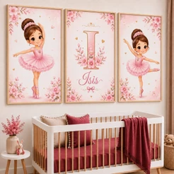 Kit 3 Quadros Decorativos Infantil Menina Bailarina Rosa Personalizado com Nome e Inicial Flores para Quarto de Bebê