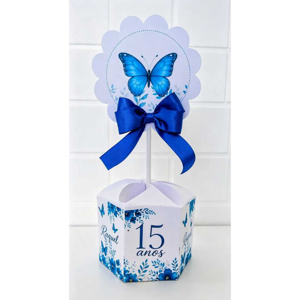 CENTRO DE MESA BORBOLETA AZUL PERSONALIZADO FESTA INFANTIL LEMBRANCINHA CAIXA SEXTAVADA DECORAÇÃO