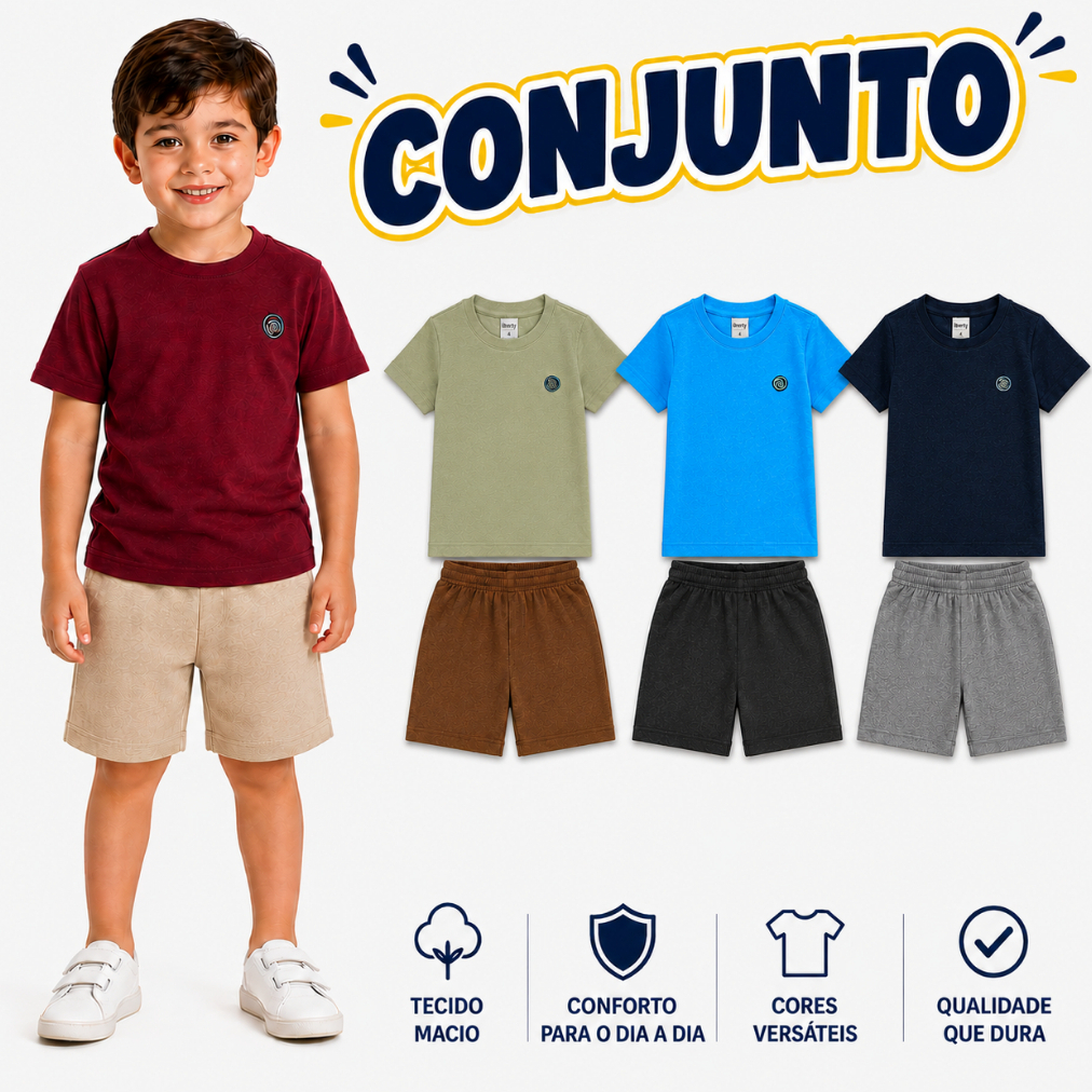 Conjunto infantil menino 2 peças Camiseta + Bermuda Masculino Tamanhos do 1 ao 8