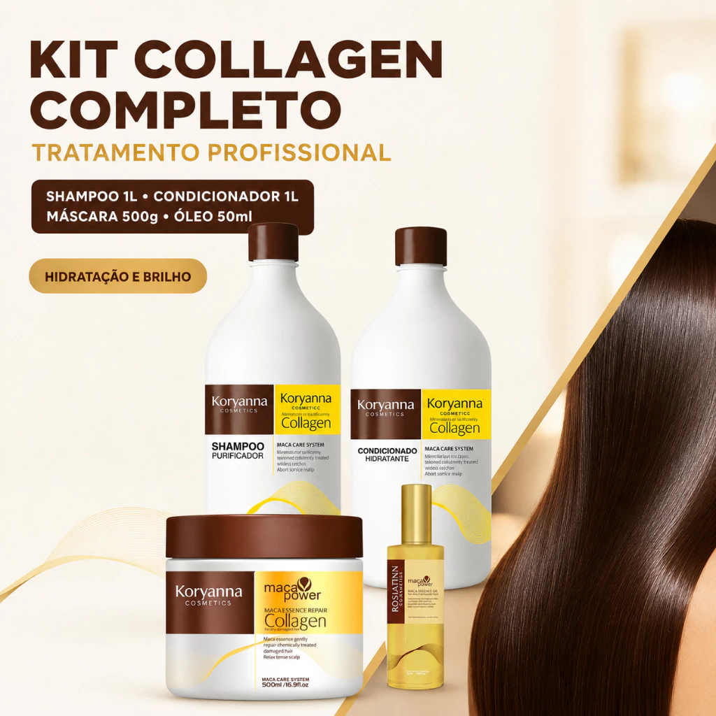 Kit  Collagen Completo Máscara 500g Shampoo 1L Condicionador 1L Óleo Maca 50ml Tratamento Profissional