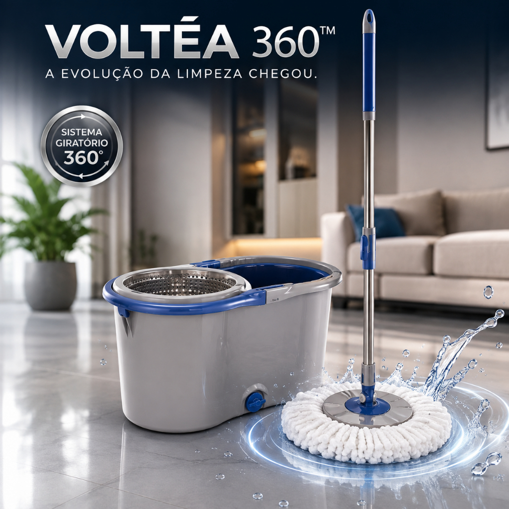 Mop Giratório 360 com Balde 13L Centrífuga Esfregão Microfibra Cabo Inox VOLТÉA 360