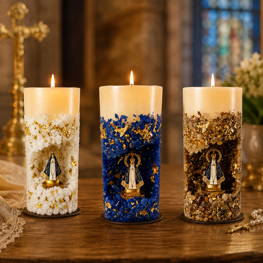 Vela Artesanal Nossa Senhora Aparecida Pedras E Folha Ouro