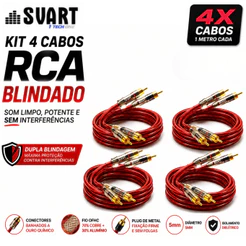 Kit 4 Cabos RCA 1 Metro Dupla Blindagem Banhado A Ouro Anti Ruído Som Automotivo Plug Metal Para Módulo