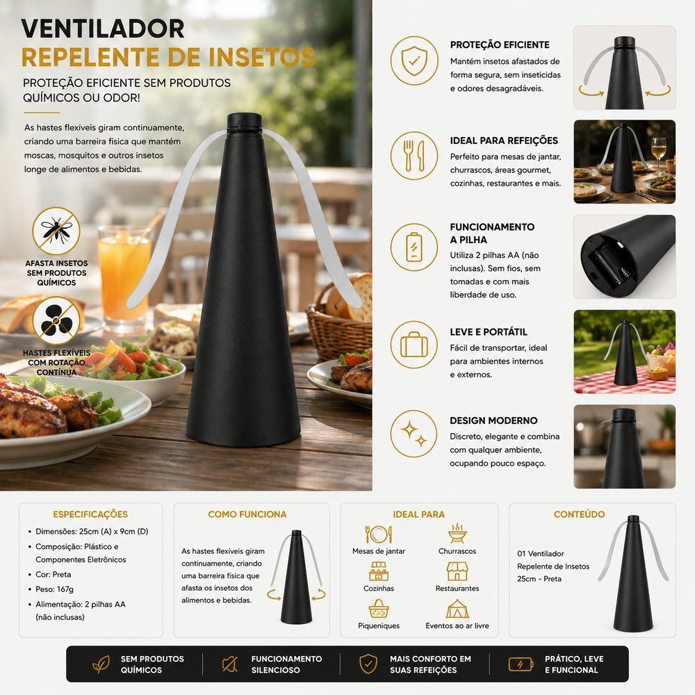 Ventilador de Mesa Repelente de Insetos silencioso Portátil Espanta mosca Mosquistos 25cm - Preta