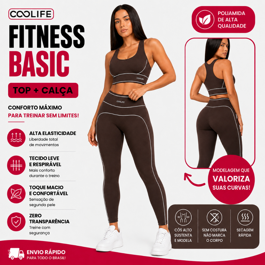 Conjunto Fitness Feminino Marrom Café Canelado Modelador Top + Legging Cintura Alta Poliamida Academia