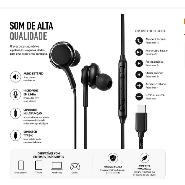 Fone de Ouvido sem nome Original  Intra-Auricular Tipo C fon-9999