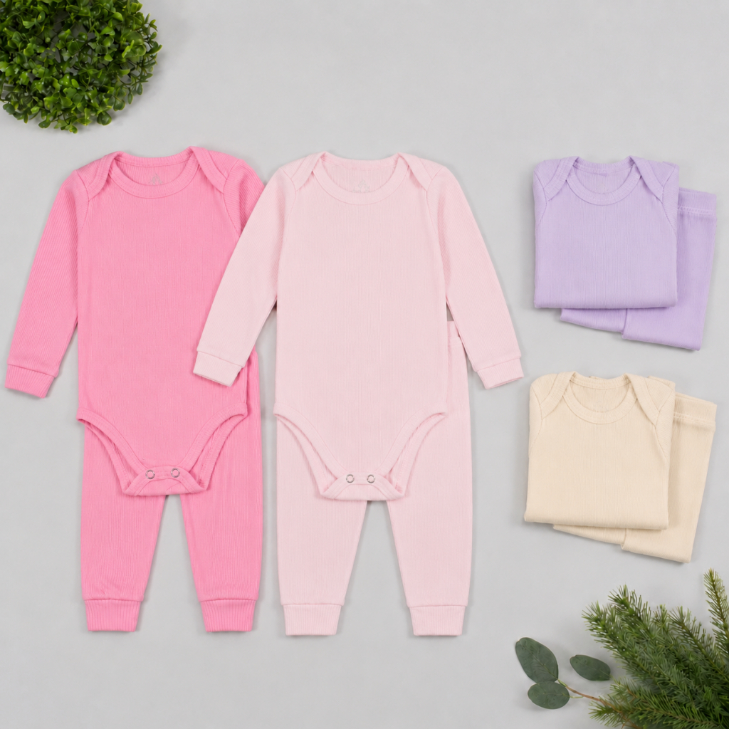 Kit 6 Peças Bebê Menina Body + Calça Mijão Pagão Ribana Canelada Longo RN ao GG 3 Body + 3 Calça