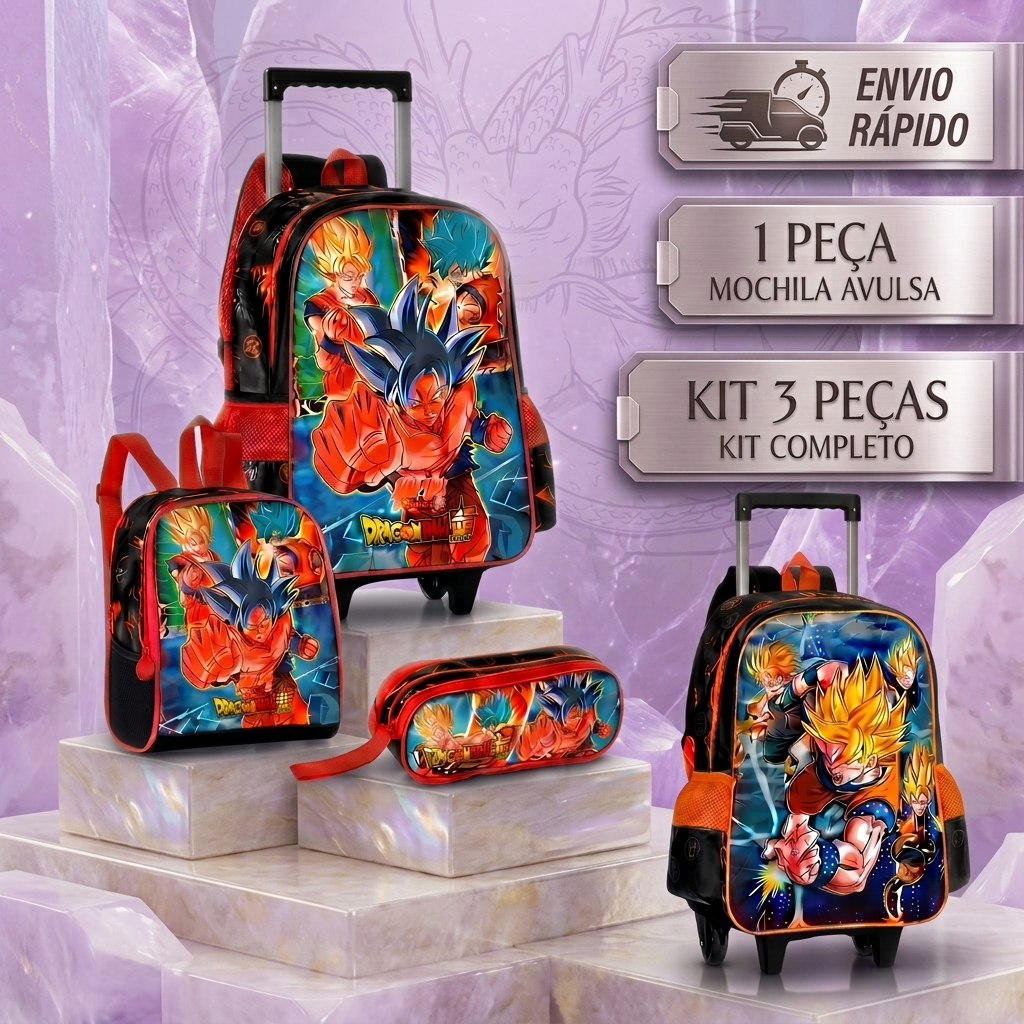 Kit Mochila Goku Dragon Ball Super + Estojo + Lancheira e Mochila Dragon Ball Z Infantil Escolar com Rodinhas Reforçada
