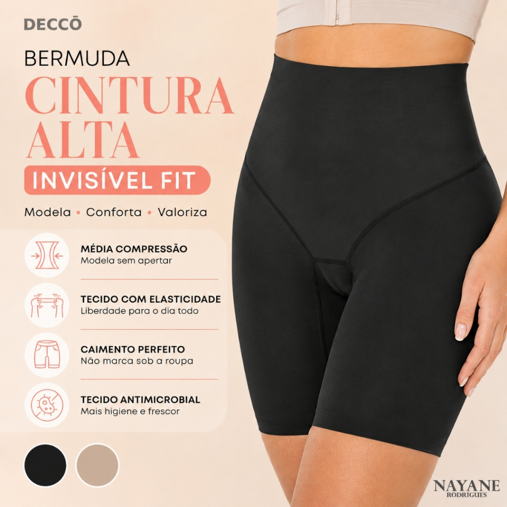 Bermuda Cintura Alta Invisível Fit de Compressão Redutora de Medidas Reforçada Nayane Rodrigues