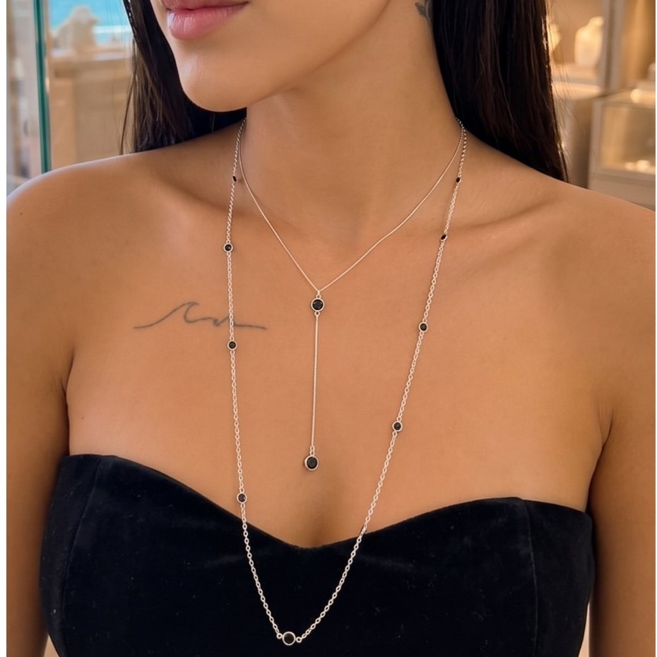 Kit Colar Gravatinha + Colar Longo 70cm Zircônia Pretas Prata 925
