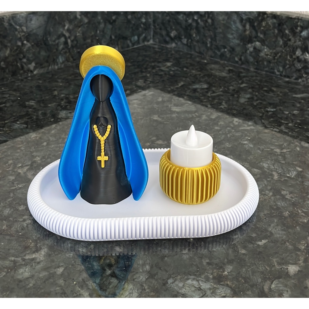 Kit Nossa Senhora Aparecida/imagem preta com manto azul/bandeja branca/porta vela dourado/impressão 3D/ ALO3D