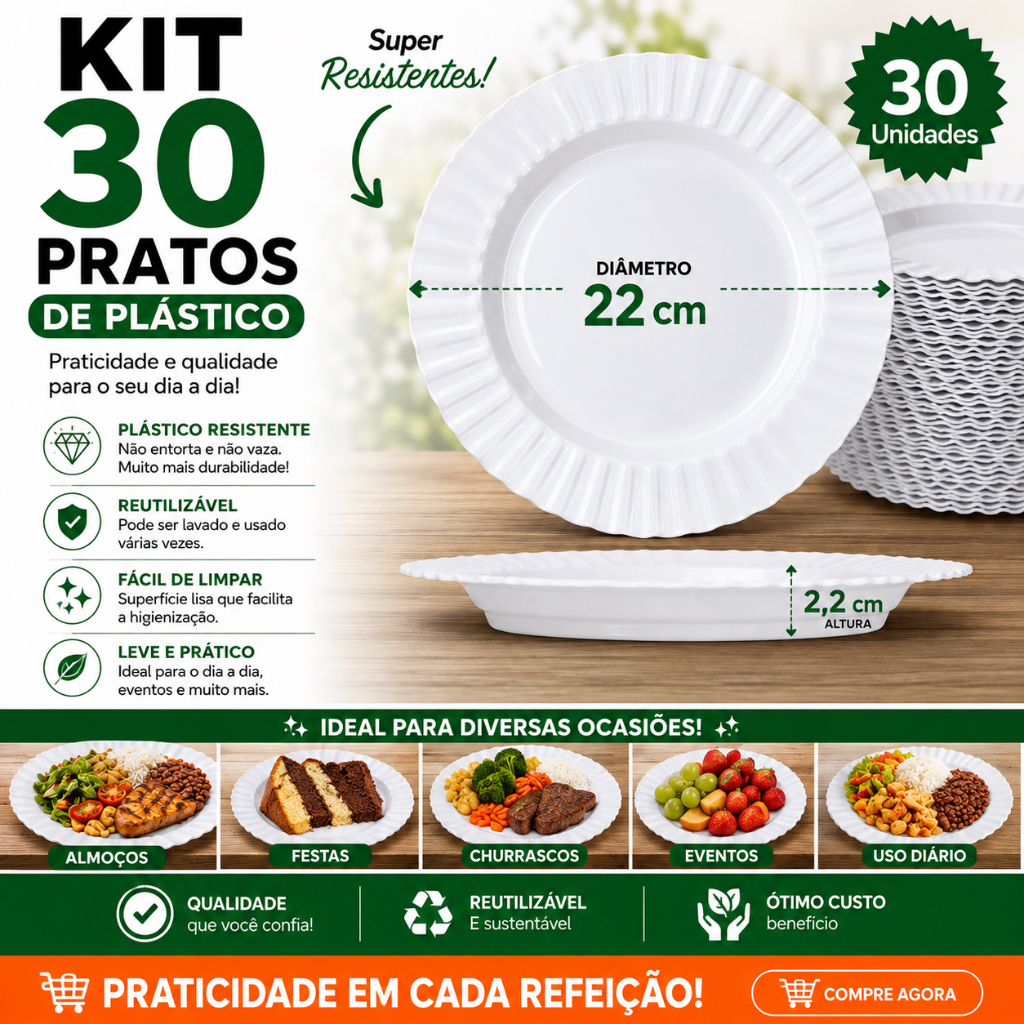 kit 5- 50 Pratos Branco Fundo Com Borda Plástico Reutilizáveis Resistentes – Jogo para Churrasco, Jantar e Festa — imagem 2 de 2