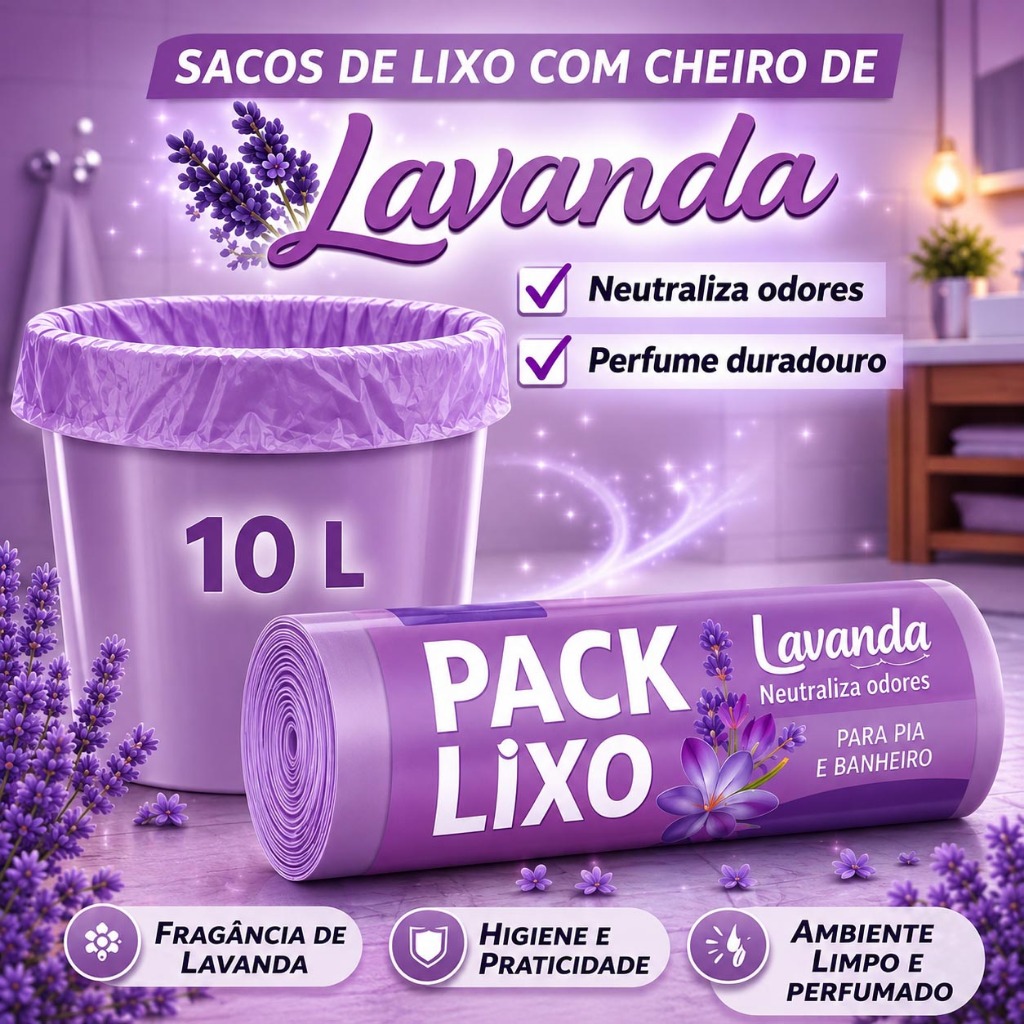 Pack Saco Lixo 10 L Lavanda Para Pia e Banheiro Fragrância Duradoura!!