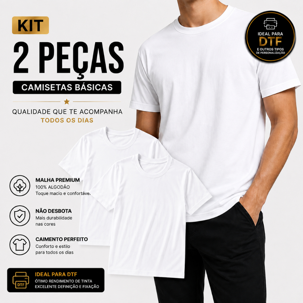Kit 2 Camisetas Masculinas Básicas Lisas Sem Estampa Branca Pra DTF 100% Algodão Modelagem Confortável Diversos Tamanhos