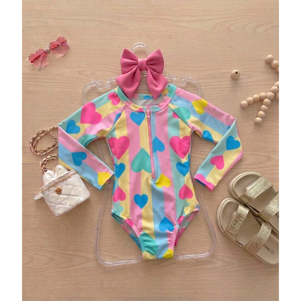 Maiô Infantil Estampas Hello Kitty Com Zíper Para Meninas