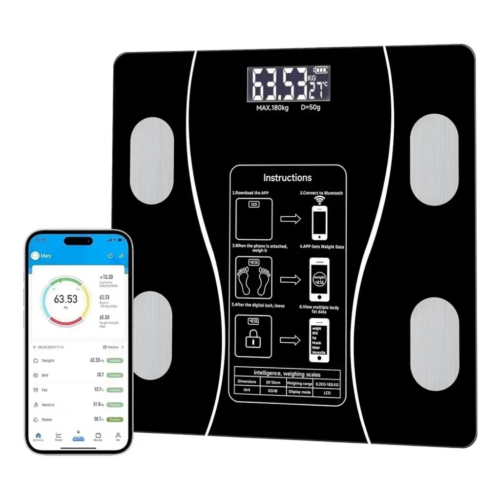 Balança Bioimpedância Bluetooth App 180kg 4 Sensores Vidro Temperado P/ Emagrecimento e Fitness