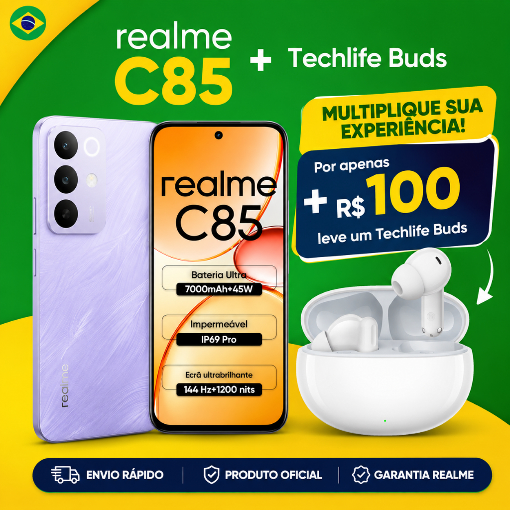 Celular realme C85 Smartphone 6+128 GB Original Versão Global Bateria 7000mAh Câmera 50MP NFC 6,8" Com Fone Bluetooth